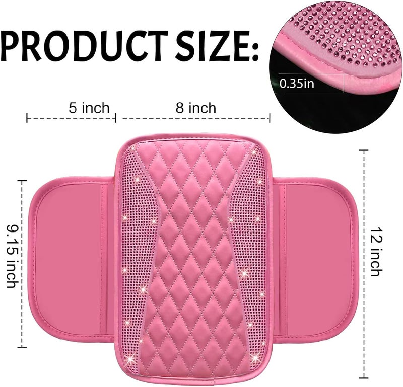 NBTEPEM Bling Pink Car Center Console Cover, Leather Middle Console Cover with 2 Storage Bags, Universal Arm Rest Cover Protector, Bling Car Accessories Interior Fit for Most Vehicles, Pink Leather - Image 2